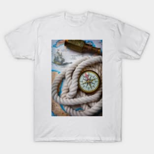 Old Compass In Rope On Map T-Shirt